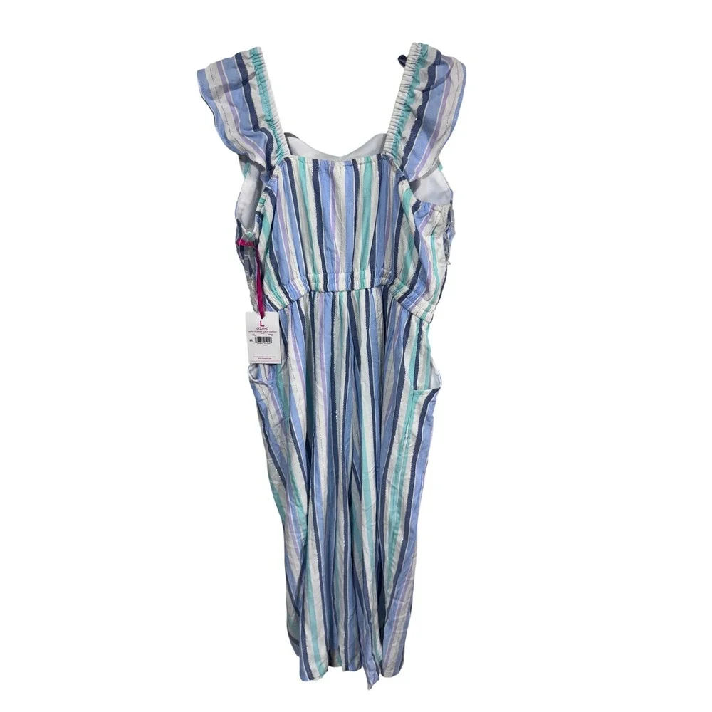 Justice Kids L (12/14) Blue Flounce Sleeve Jumpsuit Striped Ruffle Boho New